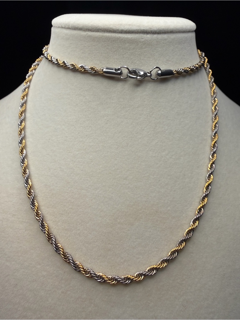 26in 3MM Two Tone 18K Gold/Silver Premium Finish Rope Chain Lobster Clasp